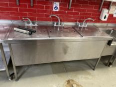 1 x Stainless Steel Triple Wash Unit with Three Large Wash Bowls, Mixer Taps and Sink Covers