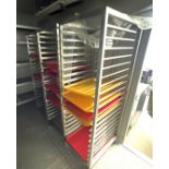 4 x Stainless Steel Upright Tray Holder with Assorted Food Trays and Castor Wheels