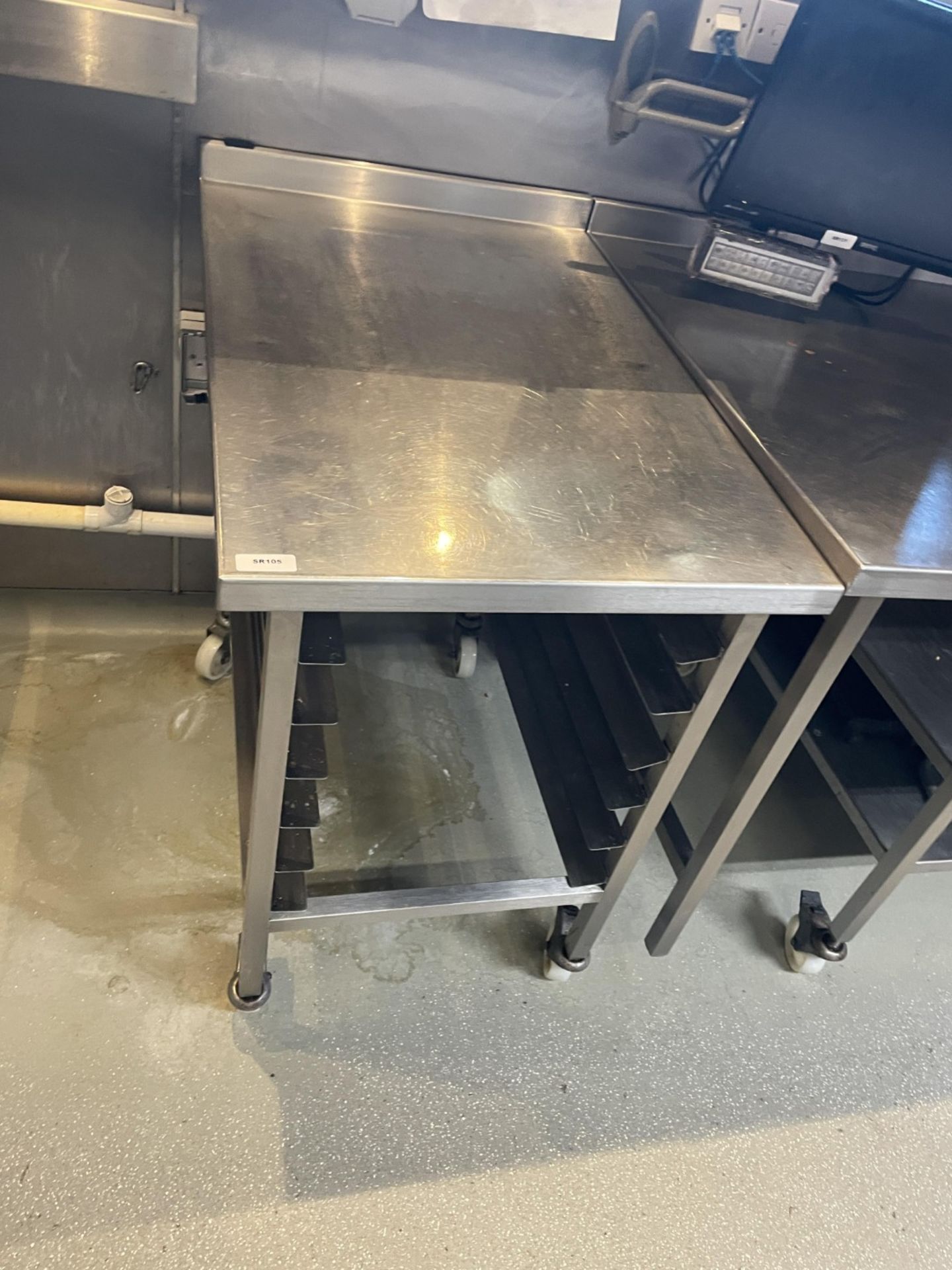 1 x Stainless Steel Prep Table on Castors with Six Tray Holders - Image 4 of 4