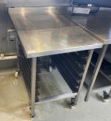 1 x Stainless Steel Prep Table on Castors with Six Tray Holders