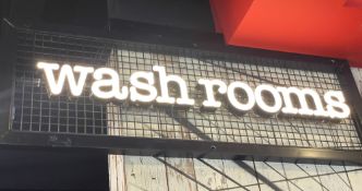 1 x Industrial Style Framed Mesh Wash Room Sign with White Neon Style Lettering - Large Size