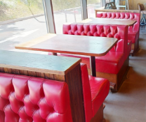 3 x Tall Rectangular Restaurant Tables Featuring Wooden Tops and Floor Mounted Pedestals -