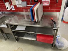 1 x Stainless Steel Prep Bench with Can Opener, Food Trays, Chopping Boards and Castor Wheels