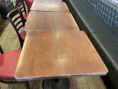 6 x Restaurant Dining Tables Featuring Stained Wooden Tops and Black Pedestal Bases