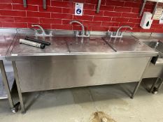 1 x Stainless Steel Triple Wash Unit with Three Large Wash Bowls, Mixer Taps and Sink Covers