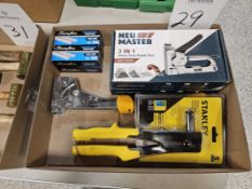 (2) Neu Master NHT0050 Staple Guns w/ Hoteche 170104 Stapler & Stanley MR33C Riveter