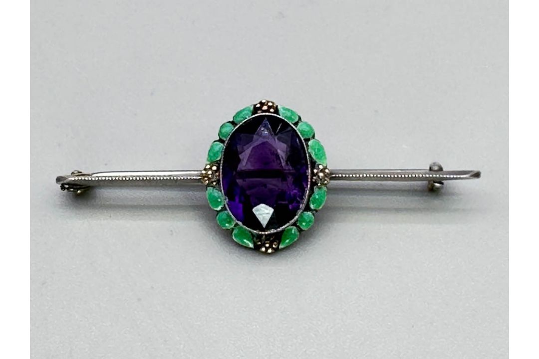 Art Nouveau brooch with a large amethyst and enamel work set in silver, c1920 - Image 1 of 8