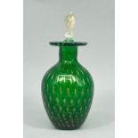 Murano green bullicante glass Perfume Bottle and Stopper with label, second half C20th