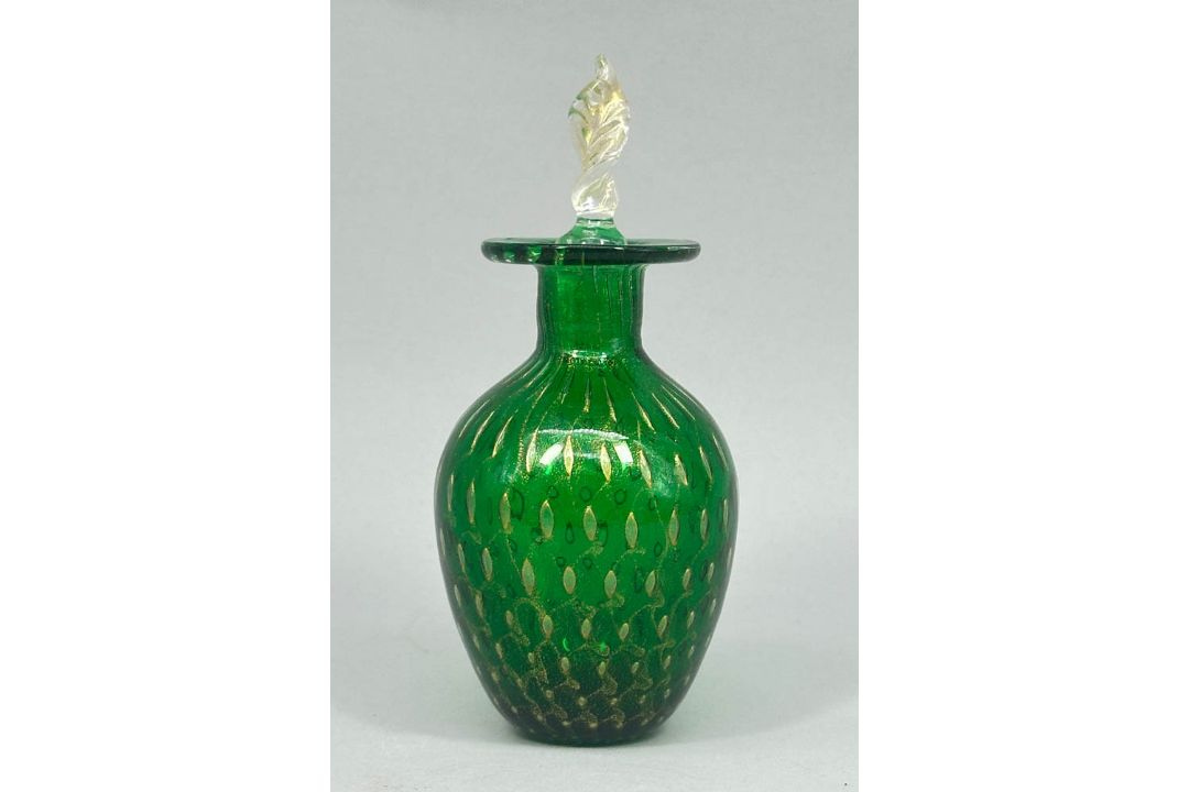 Murano green bullicante glass Perfume Bottle and Stopper with label, second half C20th - Image 1 of 7