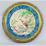 Chinese circular silk textile Panel in later European brass metal Frame, C19th/C20th