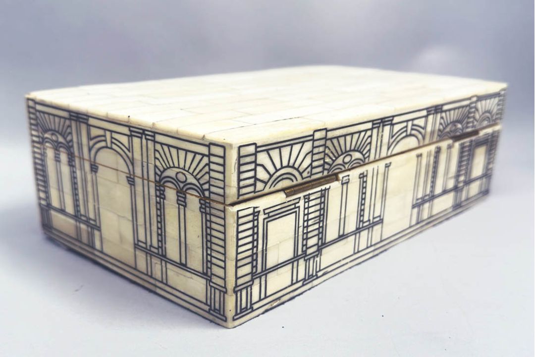 Bone parquetry box decorated in the manner of Fornasetti, Venetian, mid C20th - Image 4 of 7