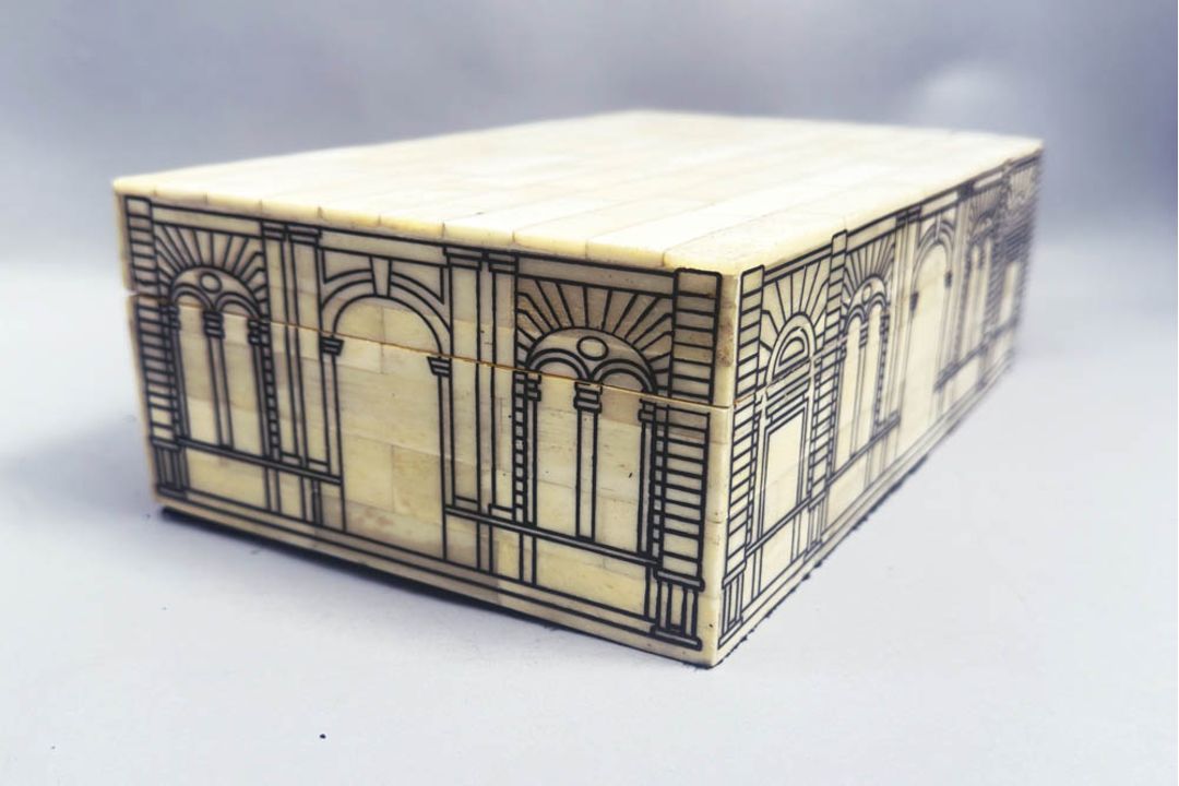 Bone parquetry box decorated in the manner of Fornasetti, Venetian, mid C20th - Image 2 of 7