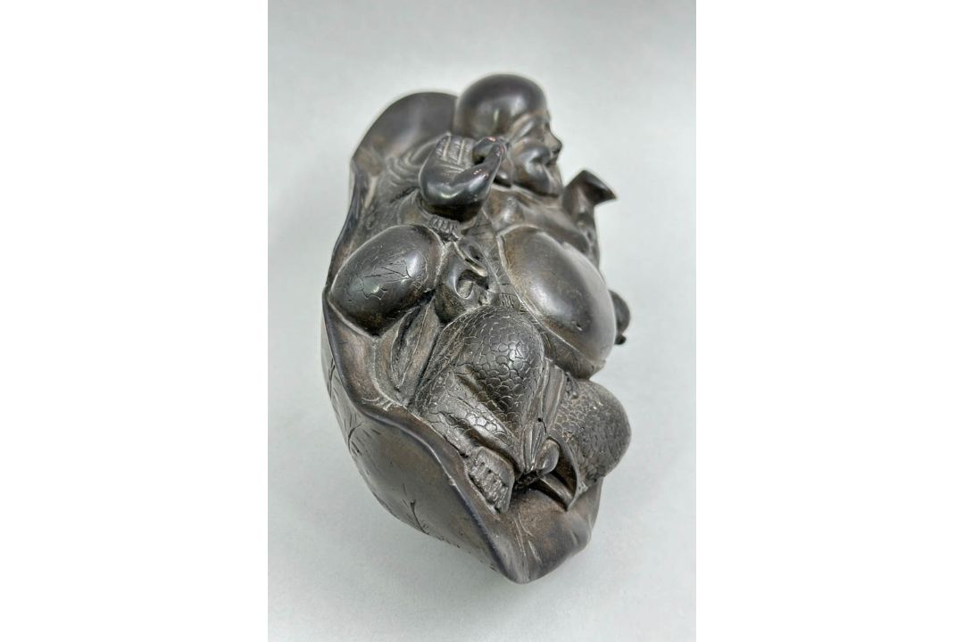 A Chinese Carved Wood Figure of Budai with a small signature plaque to the underside, C19th - Image 4 of 8