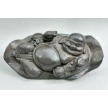 A Chinese Carved Wood Figure of Budai with a small signature plaque to the underside, C19th