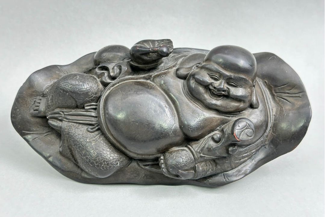 A Chinese Carved Wood Figure of Budai with a small signature plaque to the underside, C19th - Image 1 of 8