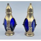 Arts and Crafts Brass and Cobalt Glass Salt and Pepper, early C20th