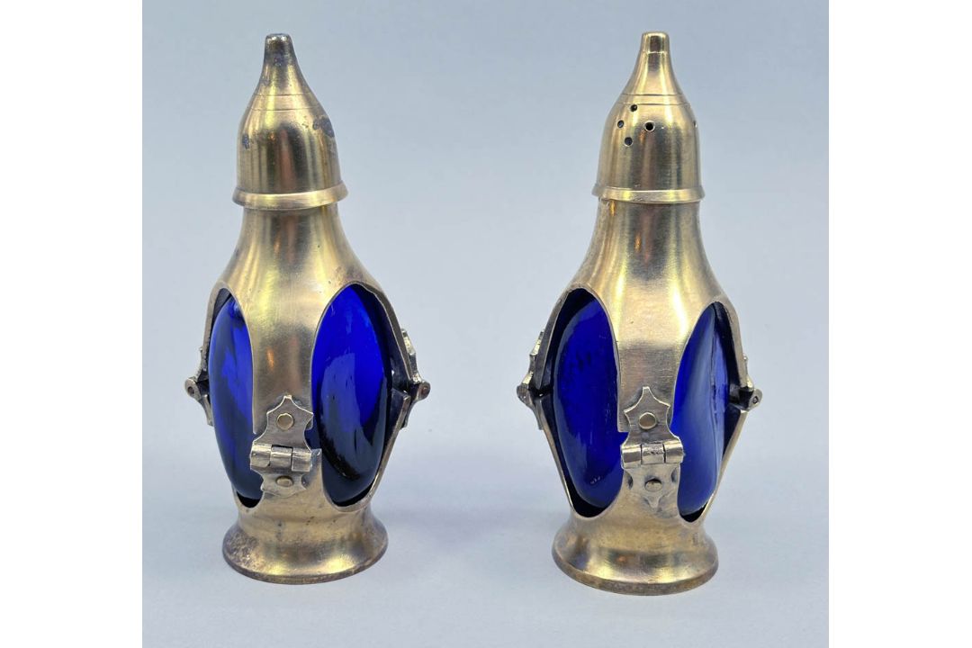 Arts and Crafts Brass and Cobalt Glass Salt and Pepper, early C20th - Image 1 of 5