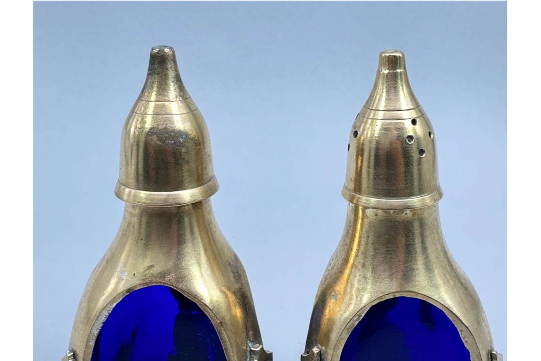 Arts and Crafts Brass and Cobalt Glass Salt and Pepper, early C20th - Image 2 of 5