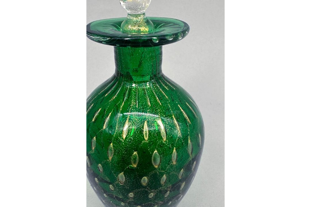 Murano green bullicante glass Perfume Bottle and Stopper with label, second half C20th - Image 3 of 7