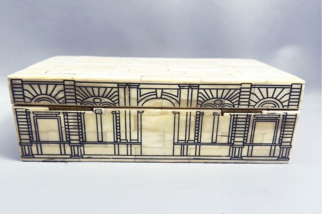 Bone parquetry box decorated in the manner of Fornasetti, Venetian, mid C20th - Image 3 of 7