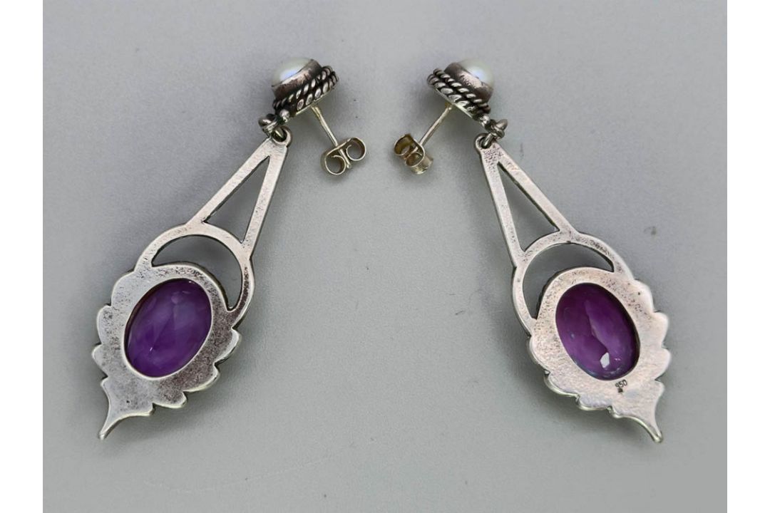 Art Nouveau silver Earrings with amethyst and pearl, probably French c1920 - Image 5 of 7
