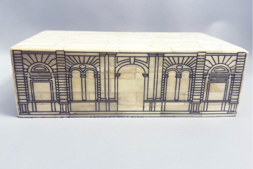 Bone parquetry box decorated in the manner of Fornasetti, Venetian, mid C20th - Image 1 of 7