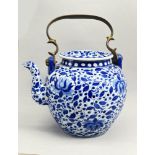 Exceptionally large Chinese Blue and White Teapot with metal handle, late C19th