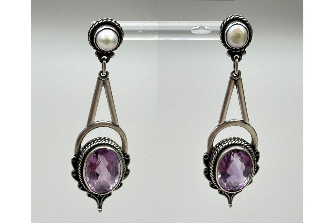 Art Nouveau silver Earrings with amethyst and pearl, probably French c1920 - Image 7 of 7