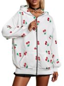 RRP £24.49 SANSIWU Women's Cherry Print Zip Up Hoodies Long Sleeve
