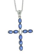 18ct White Gold Diamond And Sapphire Cross Pendant And 18" Chain (S4.23) 0.32 Carats
