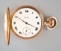 An early 20th century gold plated American Waltham full hunter top wind keyless pocket watch,