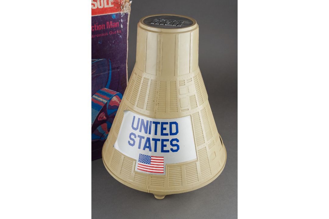 A playworn boxed Palitoy Action Man Space Capsule [wear to box AF]