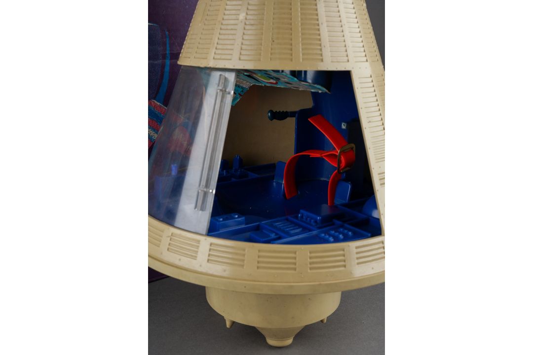 A playworn boxed Palitoy Action Man Space Capsule [wear to box AF]