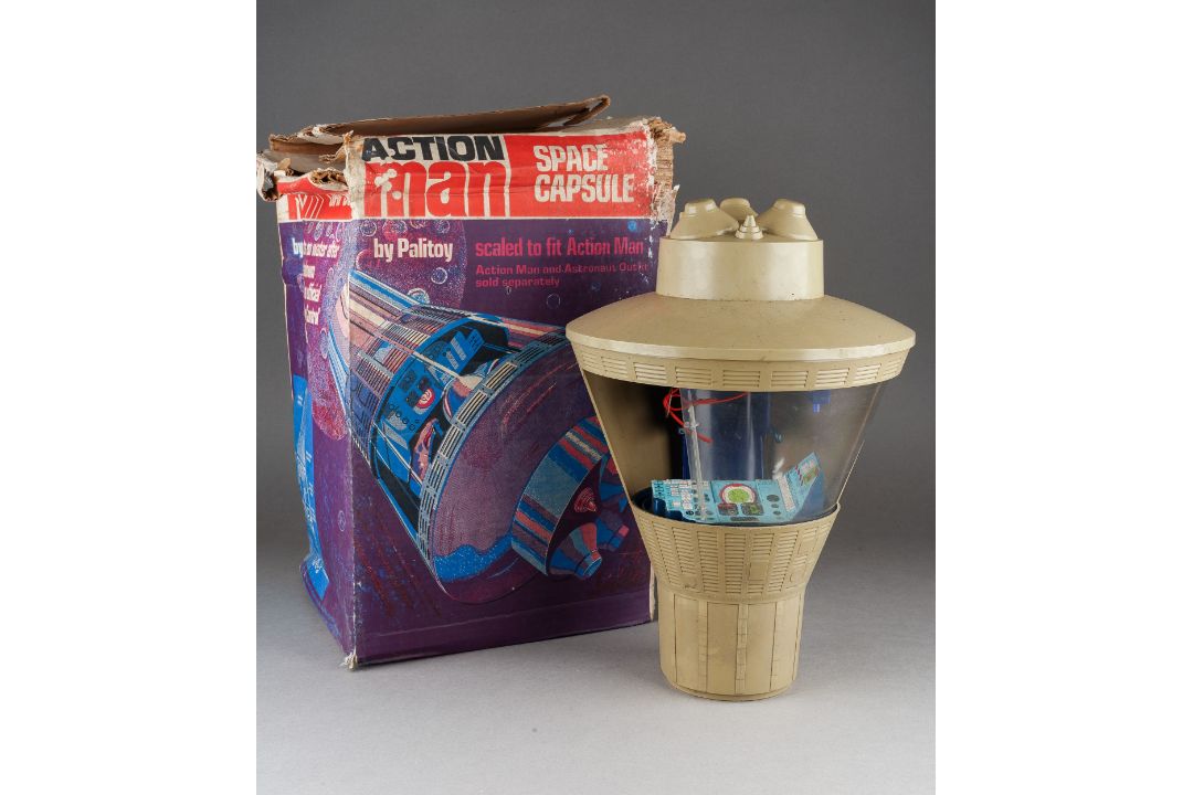 A playworn boxed Palitoy Action Man Space Capsule [wear to box AF]