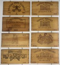 + VAT 32 Assorted Wooden Box Ends including Ch. Haut Brion, Cheval Blanc, Petrus & Ch. Lafite PLEASE