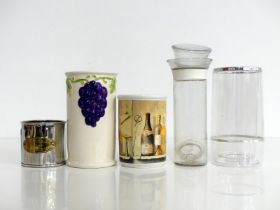 2 Cut Glass Decanters with Stoppers 3 Assorted Modern Bottle Stoppers 5 Assorted Bottle Holders/