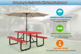 Unused 6ft Rectangle Picnic Table With Umbrella Hole Red(Location: Garden City, NY)