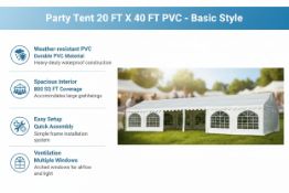 Unused Party Tent 20 FT X 40 FT PVC-Basic style (Location: Alvarado, TX)