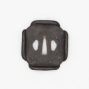 Iron Tsuba, Landscape Design and Copper Inlay, Signed Kaneie