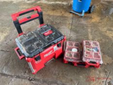 MILWAUKEE PACKOUT W/ MISC. TOOLS/ FITTINGS AND BOX OF FACE SHIELDS