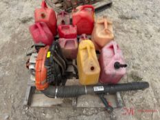 CONTENTS OF PALLET ECHO GAS POWERED BACK PACK BLOWER AND MULTIPLE FUEL CANS