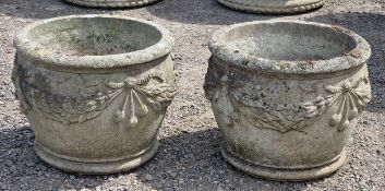 Haddonstone - Pair of reconstituted stone garden planters with ornate foliate swag relief, H 33cm