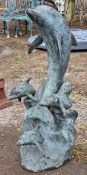 Vintage bronze dolphin water feature, H 101cm x W 47cm x D 40cm