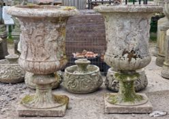 Pair of large reconstituted stone Medici urns with lobed bowls and darted rims, H 96cm x W 63cm (2)