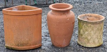 Terracotta amphora urn, H 56cm x W 36cm, together with a terracotta lattice planter and a terracotta