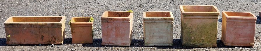 Five square terracotta planters of various size, largest H 35cm x W 37cm x D 37cm, together with a