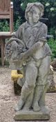 Haddonstone - Weathered reconstituted stone statue of a boy holding a basket of grapes, H 117cm x