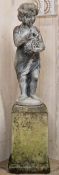 Lead statue of a girl holding a bunch of grapes raised on a weathered reconstituted stone plinth