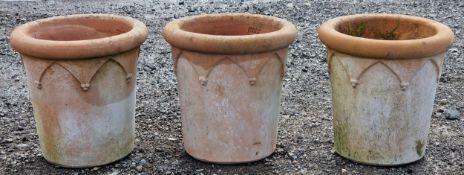 Three Italian terracotta planters with Gothic arch detail, H 32cm x W 31cm (3)