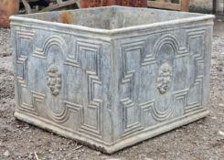 Large square lead planter with lions mask detail, H 41cm x W 58cm x D 55cm
